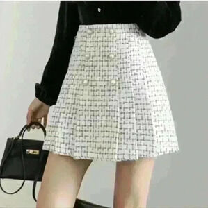 IDEALSANXUN | Women's White/Black High-Waisted Pleated Wool Blend Mini  …